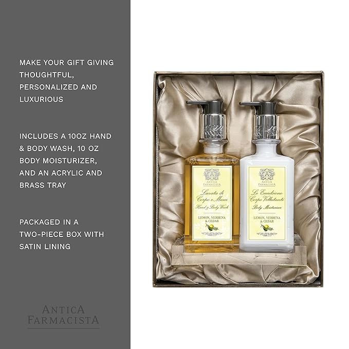 Antica Farmacista Acrylic Bath & Body Gift Set - Hand & Body Wash (10 oz), Body Moisturizer (10 oz) & Acrylic Tray - Self-Care Gift Box for Holidays, Birthdays & Housewarming - Lemon, Verbena & Cedar