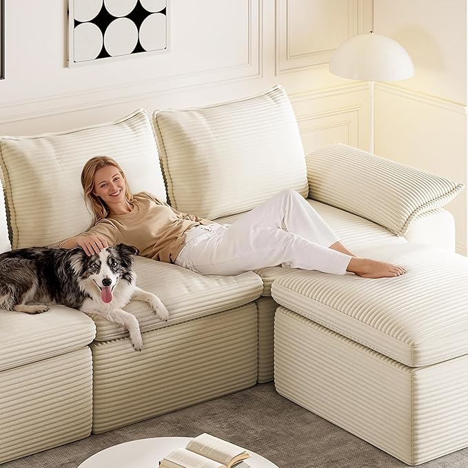 Buytime 104" Comfy Cloud Couch, Convertible Boneless Couches for Living Room, L Shaped Modular Sectional Sofa with Deep Seat, Double-Layer Cloud Cushion and Headrest, Cream Beige