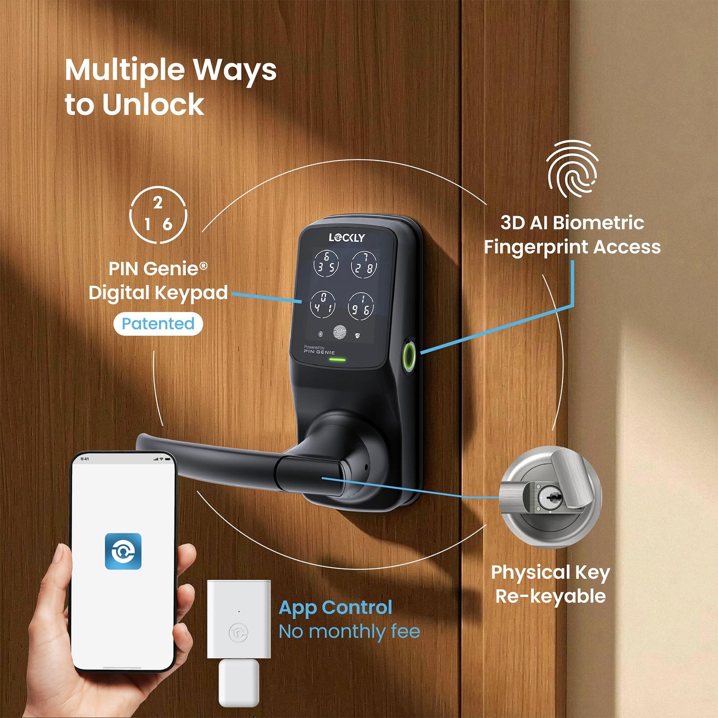 Lockly Secure Pro Smart Lock Wi-Fi, Keyless Entry Digital Keypad Door Lock, 3D Biometric Fingerprint Sensor Front Door Lock with Handle, Voice Control & Auto Lock - Latch Edition