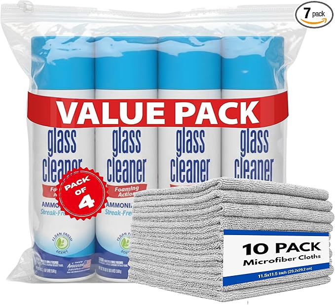 Glass Cleaner Spray - Foam Action Cleaner - 19 Fl Oz, (4 Pack) - Bundle With 10 Premium Microfiber Cleaning Cloth Towel Rags