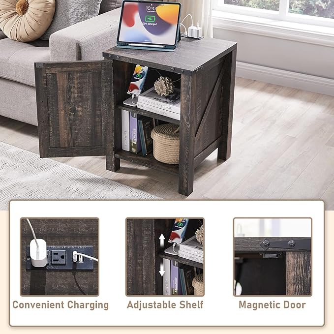 OKD Farmhouse Nightstand Set of 2, 18 Inch Rustic End Table with Charging Station, Barn Door, Adjustable Storage Shelf, Wood Sofa Side Table for Living Room, Bedroom, Dark Rustic Oak
