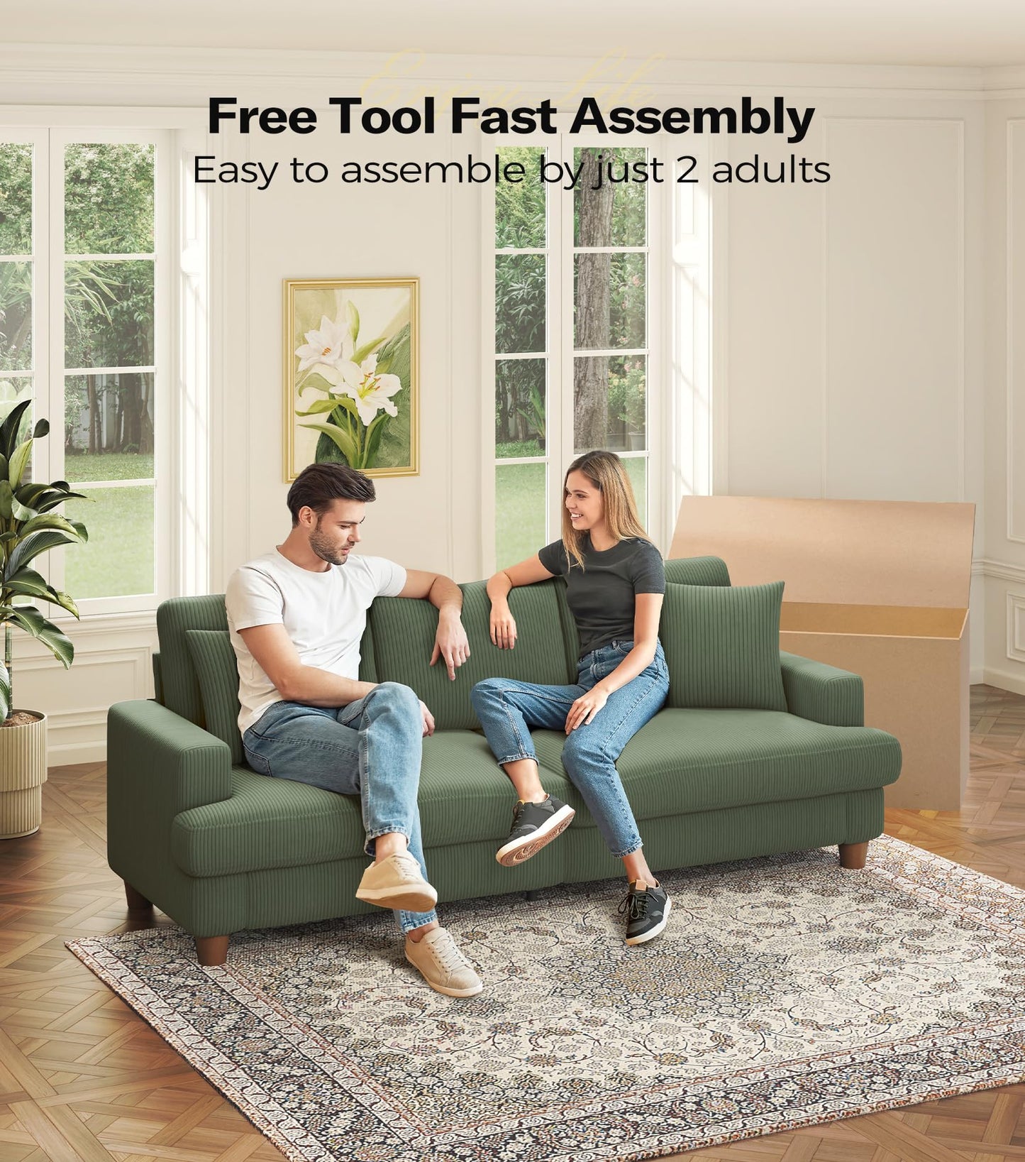 Kidirect 87in Green Sofa, Couches for Living Room 21in Extra Deep Seats, Comfy Corduroy Sofas for Living Room No Tool Assembly, Modern Oversized Love Seat with 2 Pillows, Sofa Couch for Bedroom