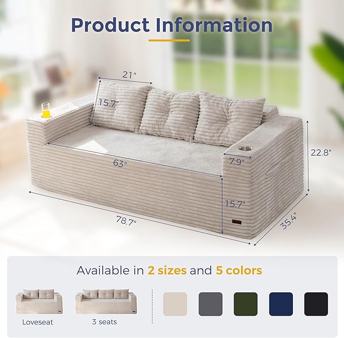 MAXYOYO 79" Oversized Boneless Loveseat Sofa Couch for Small Spaces, Mini Love Seat Floor Couch with Cup Holders and Pillows, 3-Seater Upholstered Cloud Couch for Bedroom, No Assembly Required