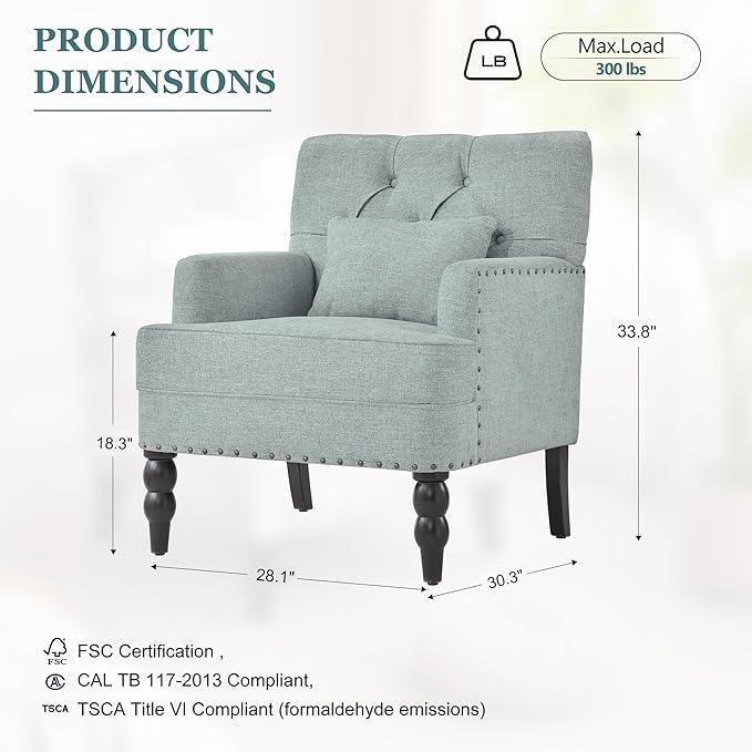 HUIMO Accent Chairs Set of 2, Tufted Club Chair Set of 2 with Lumbar Pillow,Upholstered Button Armchair, Linen Fabric Sofa Chairs for Bedroom, Living Room, Mid Century Modern Reading Chair,Light Blue