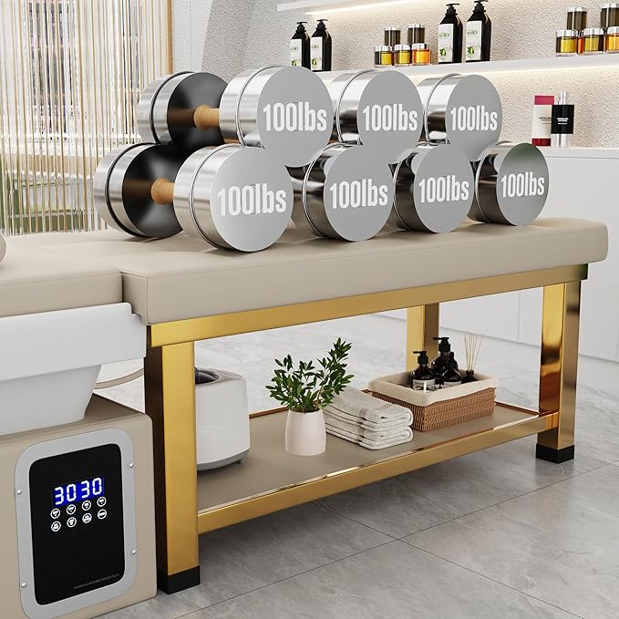 pouseayar Stationary Head Spa Massage Table with Water Cycle & Fumigation Salon Equipment for Beauty Head Spa Physical Therapy Massage, Stainless Steel Gold Color-Plated Frame, Beige Gray PU Leather