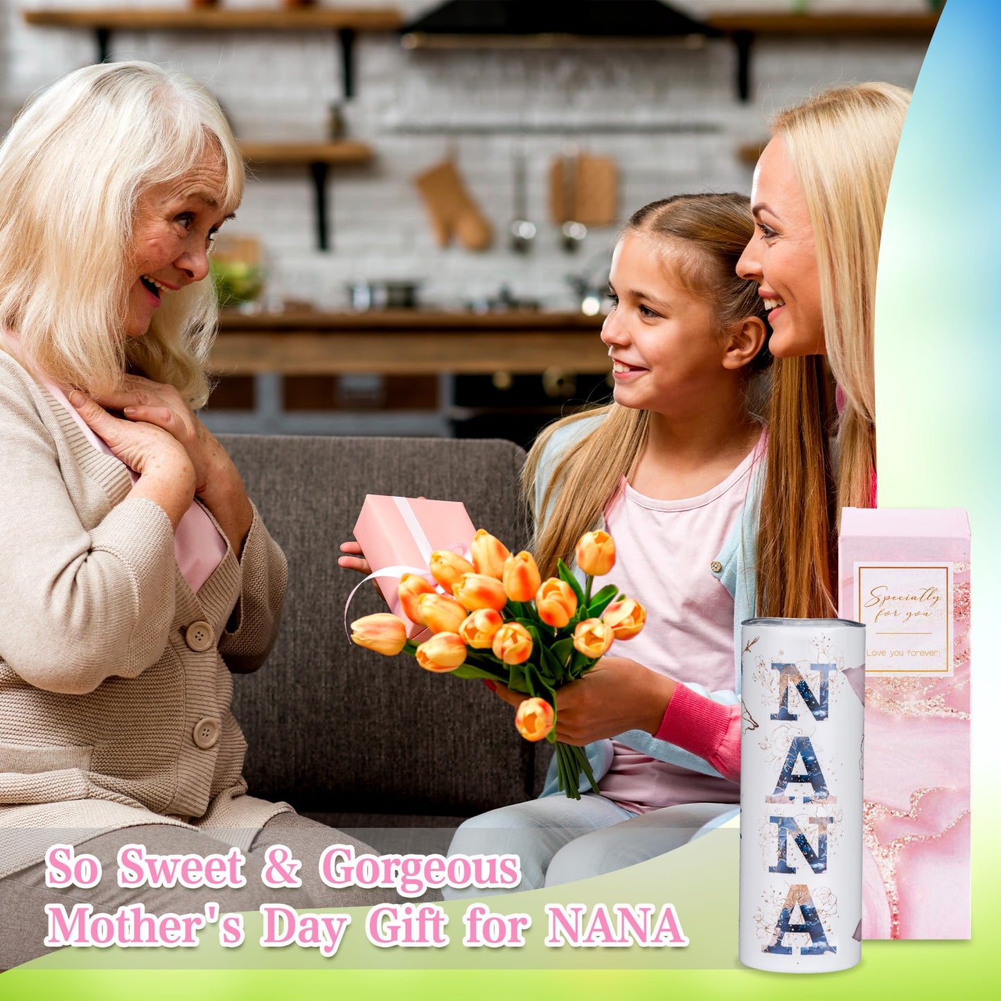 GloxwRiyt Nana Gifts for Grandma From Grandchildren, Birthday Christmas Gifts For Nana from Grandson Granddaughter, 20oz Floral Stainless Steel Tumbler with Lid (NANA)