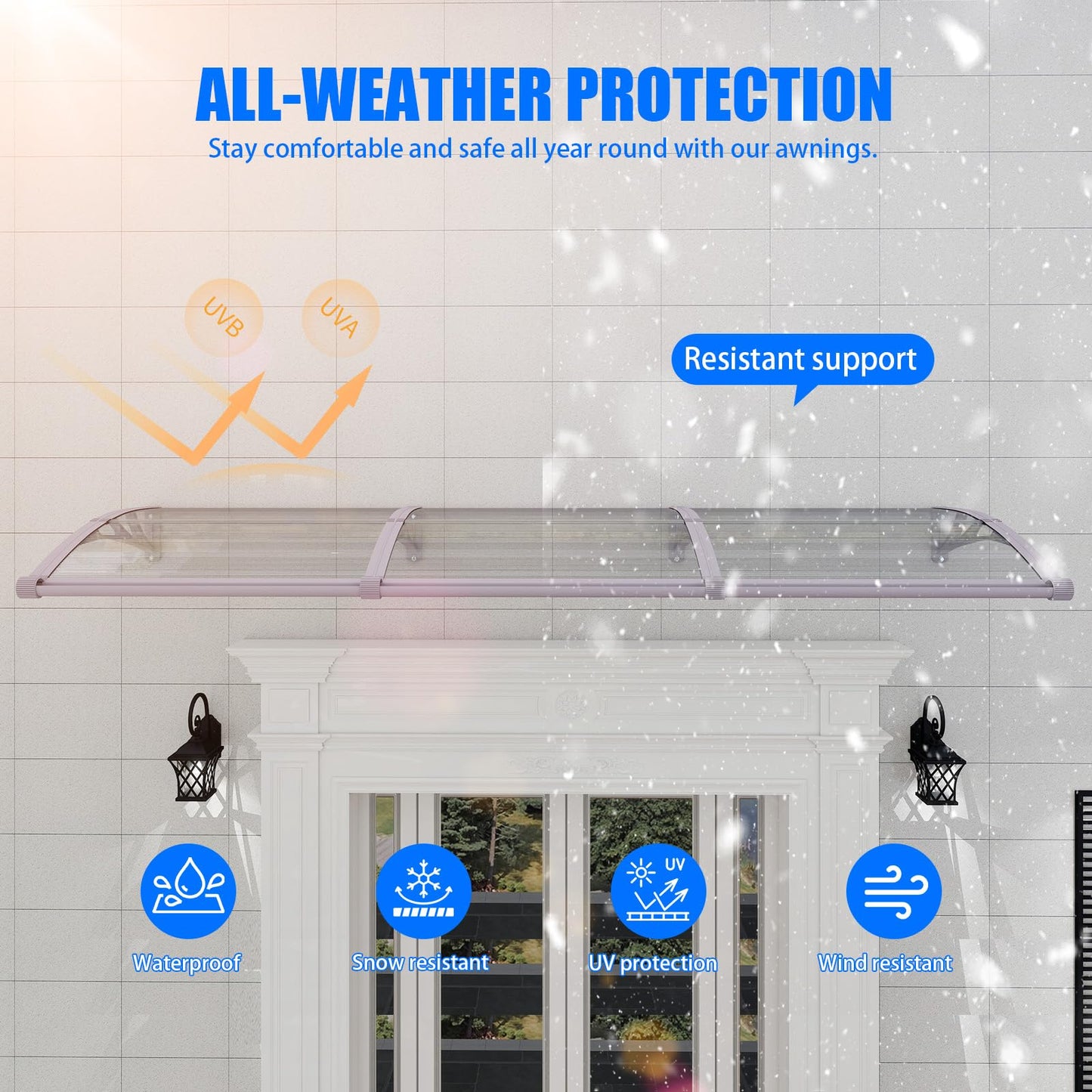 Awning for Door Entrance with Drainage Sink,32x40 Inch Awnings for Doors,Window Canopy Exterior with Plastic Steel Bracket,Polycarbonate Cover,UV,Rain,Snow Protection for House,Porch,Patio,Deck