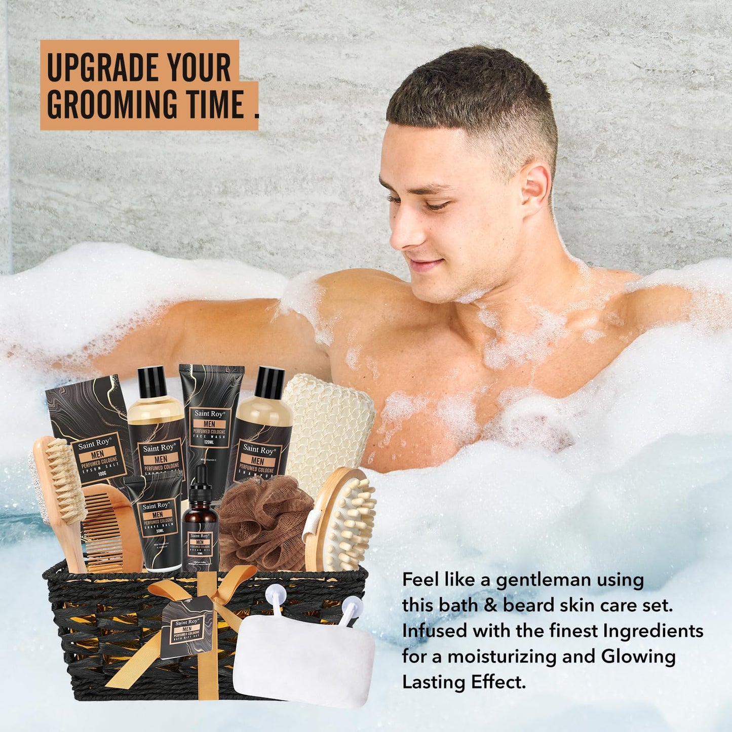 Fathers Day Gifts for Men Dad Bath Perfume Gift Set for Men, 14 Pcs Spa Basket with Classic Perfume kit, Personal Self Care Shaving Kit Relax Included Scubber, Beard Oil, Bath Pillow, Valentines Day