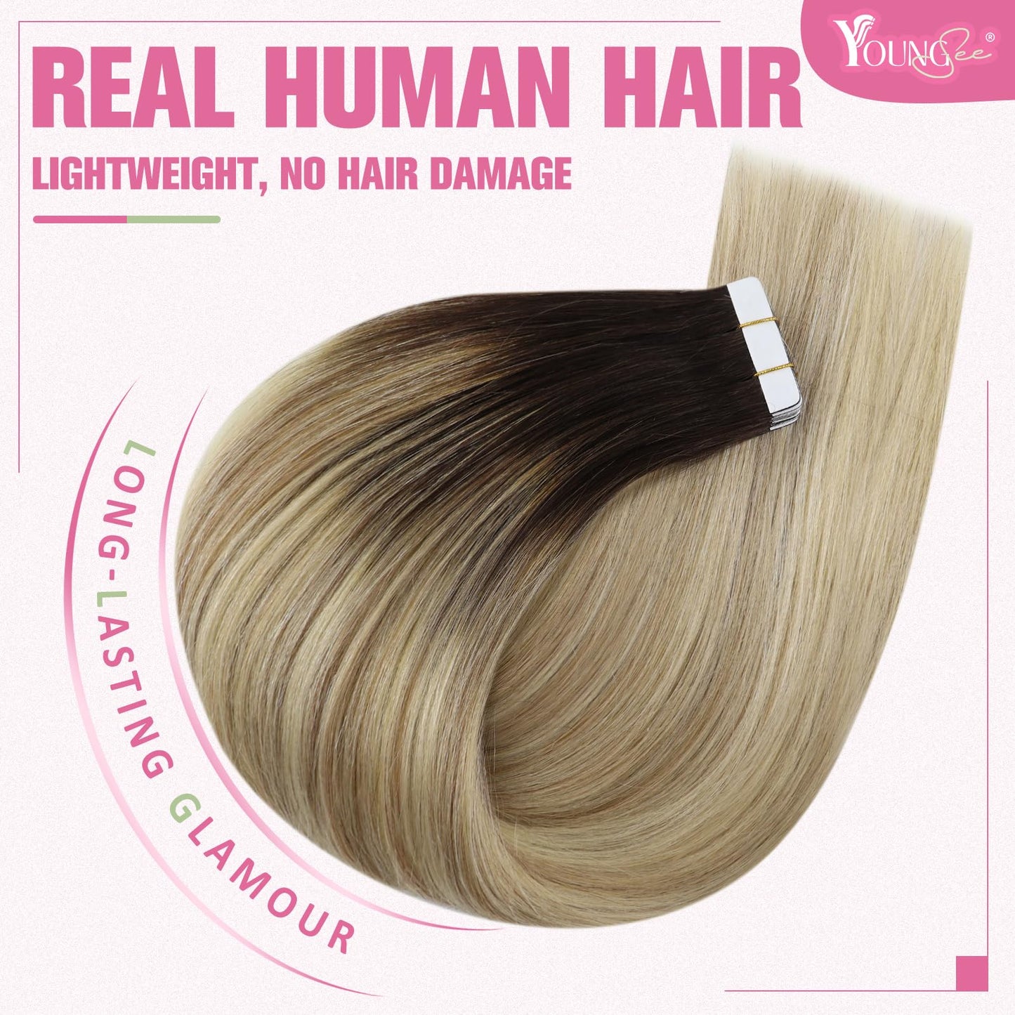 YoungSee Human Hair Tape in Extensions Ombre Hair Extensions Tape in Real Hair Ombre Dark Brown to Blonde Tape Hair Extensions R