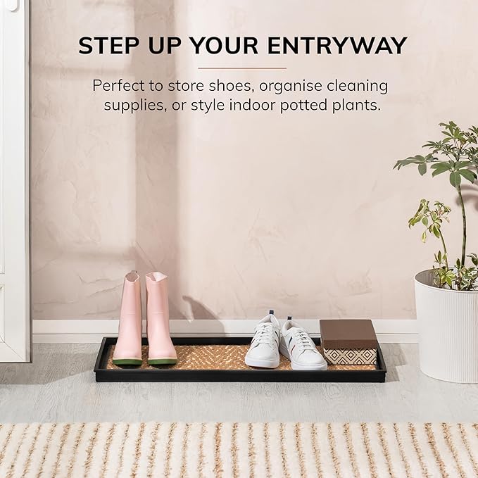 Anji Mountain Heavy Duty Waterproof Rubber Shoe Storage Mat Organizer/Boot Storage Tray Multi Use for Entryway with Coir, Tan and Khaki Insert, Fits 3 Pair (34.5" Wide)