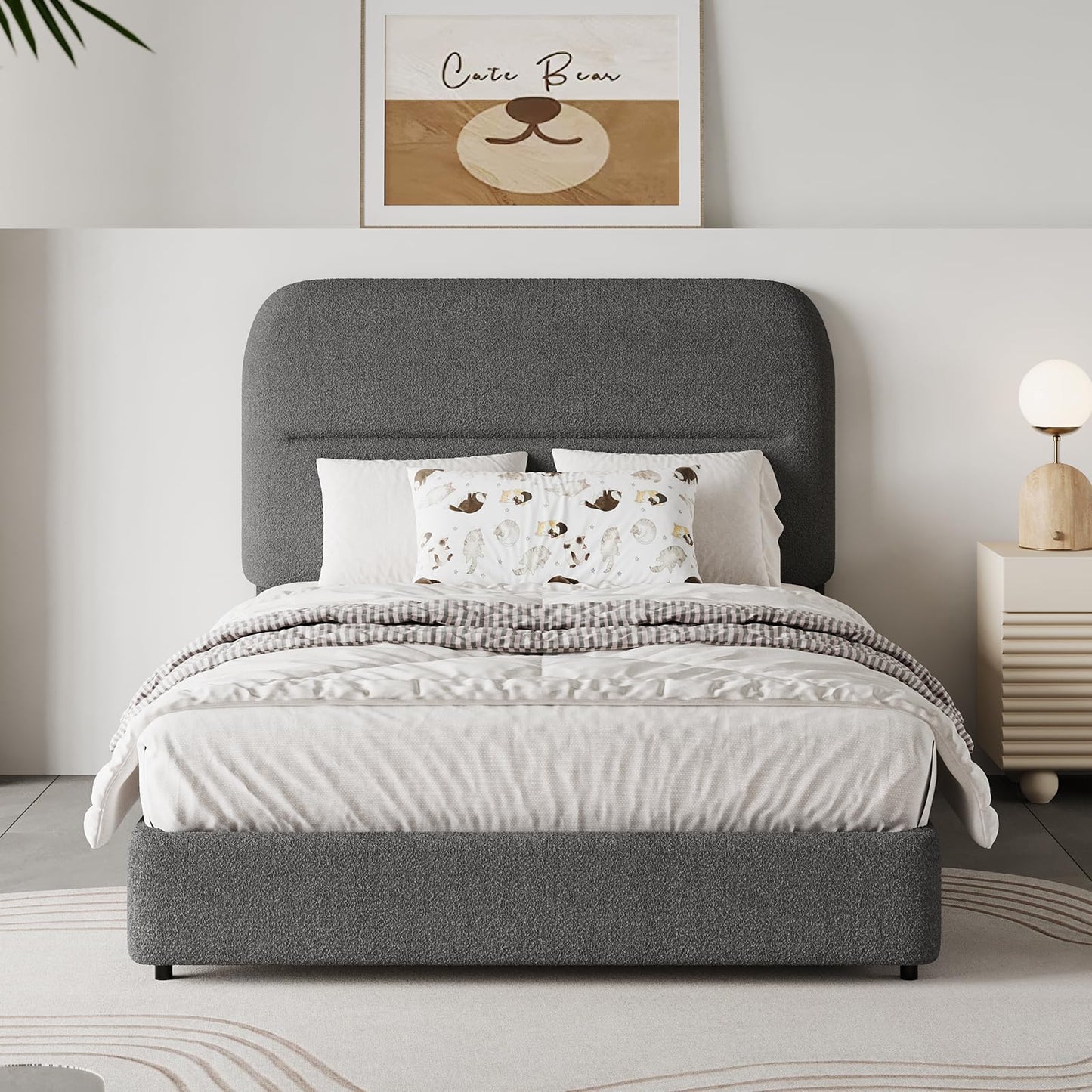 HOMBCK Twin Size Boucle Bed Frame, Upholstered Bed Frame with Rounded Headboard, Soft Modern Bed Frames with Thickened Footboard, Rounded Corners, No Box Spring Needed, Easy Assembly, Grey