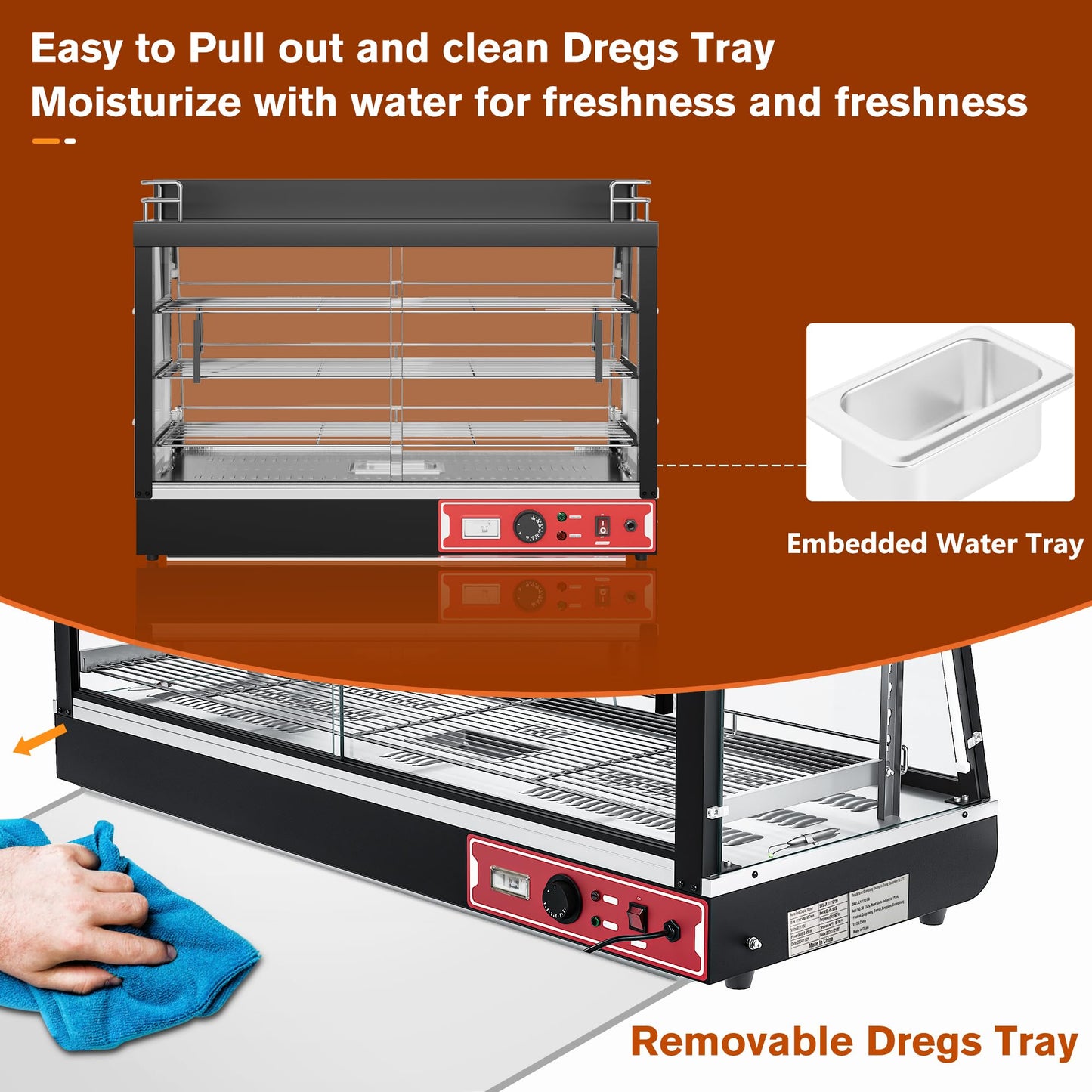 35inch 3-Tier Commercial Food Warmer with Top Rack for Milk Juice, Countertop Heat Holding Cabinet Display Case for Pizza/Pretzel, Three Color Lighting, w/Thermometer for Cafeteria Kitchen Restaurant