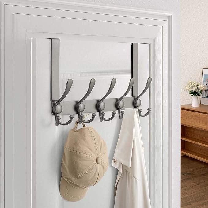 Dseap Over Door Hook 2.0 - Upgraded Version - Simple-Assembly, Strong, Heavy-Duty Stainless Steel 5-Tri-Hook Over The Door Hanger Rack, SimpleStrong Series, Grey