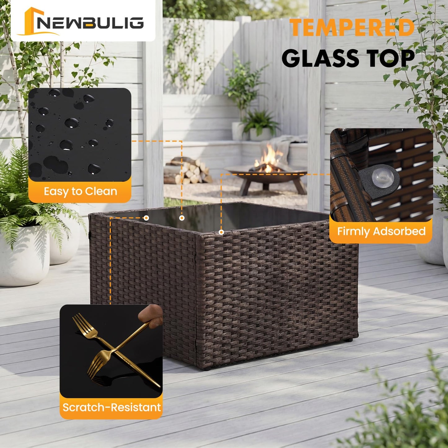 NEWBULIG 7-Piece Outdoor Patio Sectional Sofa, Weather-Resistant Modular Wicker Rattan Furniture Set with 2.8" Cushions, Tempered Glass Table & Adjustable Feet for Deck, Backyard, Poolside (Brown)
