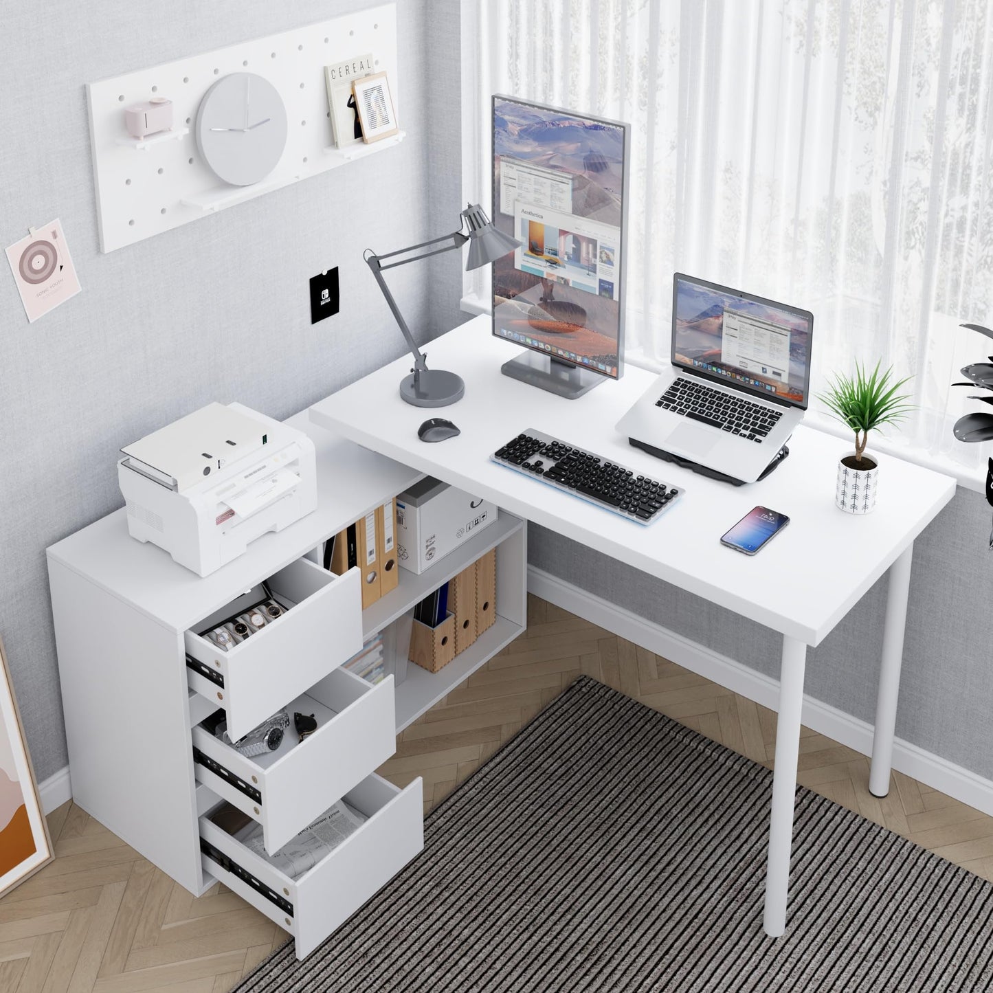 Jiaoun Home Office Computer Desk Corner Desk with 3 Drawers and 2 Shelves, 53-inch L-Shaped Study Desk with Storage, White