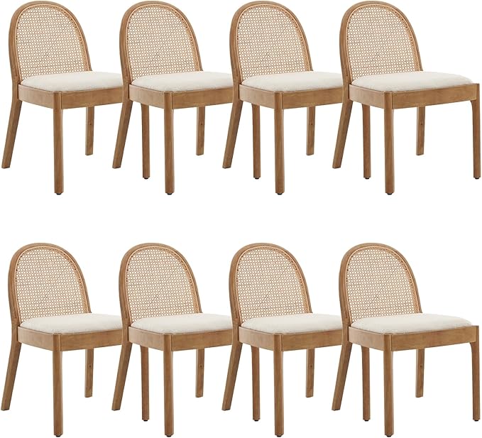 DUOMAY Mid-Century Modern Rattan Dining Chairs Set of 8, Wooden Dining Room Chair with Cane Backrest and Padded Seat, Sherpa Upholstered Dining Chair, Natural Finish, White