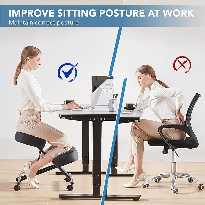 SOMEET Ergonomic Kneeling Chair, Modern Style, Kneeling Office Chair, Black Pu Kneeing Chair, Metal Frame, Foam Seat, 250 lbs Weight Capacity, Adjustable Height, Lockable Casters