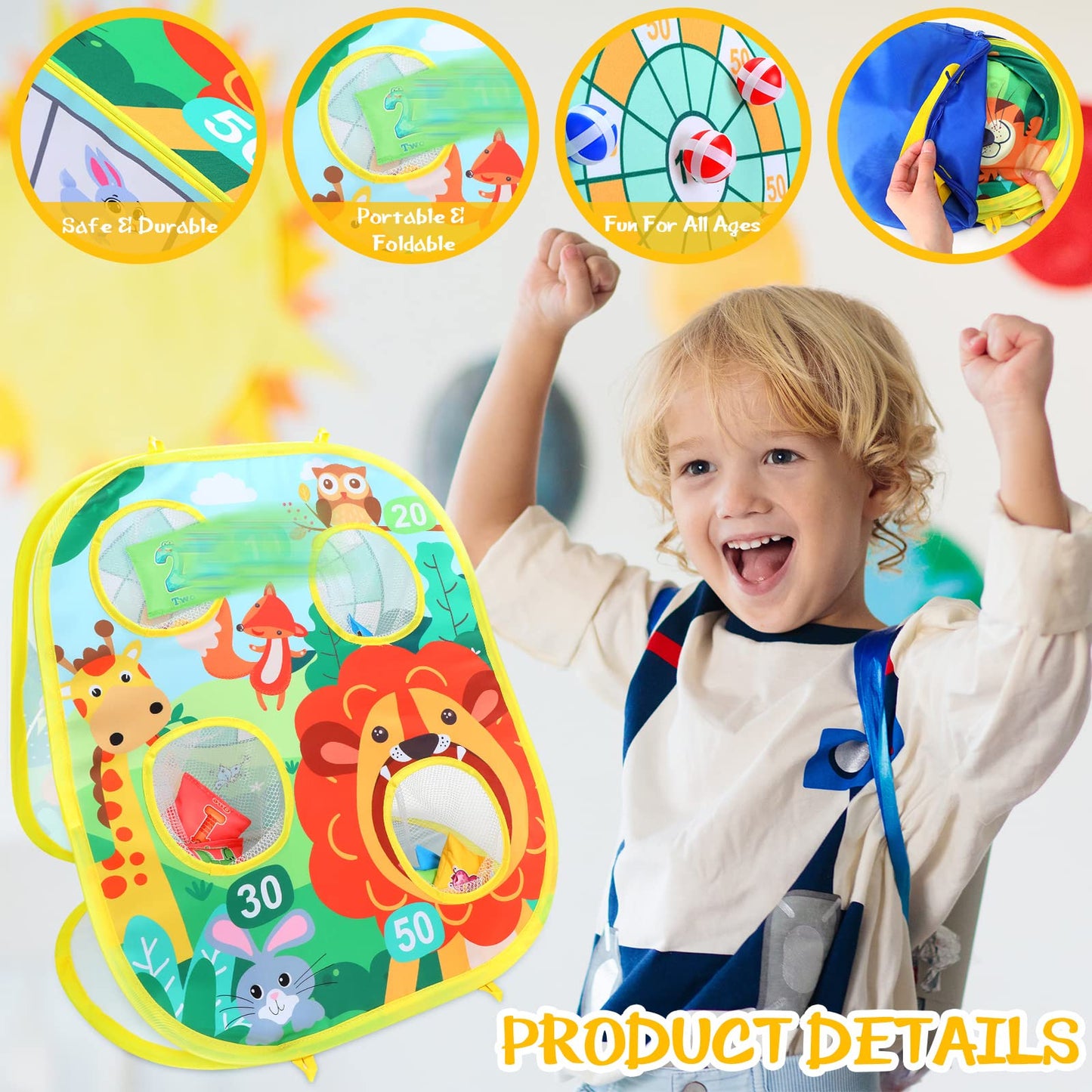 Yunsailing 63 Pcs Carnival Outdoor Games Set for Kids Include Animal Bean Bag Toss Plastic Cones Bean Bags Ring Toss Egg and Spoon Race, Field Yard Lawn Outdoor Game, Gift for Birthday Party
