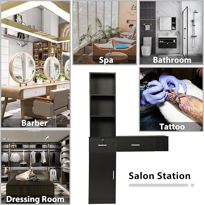 Beauty Salon Barber Station,Wall Mounted Hair Styling Salon Station with 3-Tier Shelf,Hair Salon Spa Equipment with Storage and Cabinet,Black