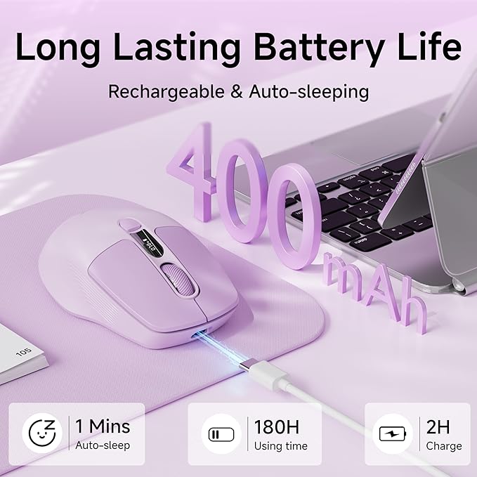 EWEADN Q1 Wireless Mouse, BT & 2.4G Silent Mouse Quiet Click with 1600 DPI Levels, Battery & DPI LED Screen Display, 6 Button Small Portable Bluetooth Mouse for Laptop/PC/Mac-Purple
