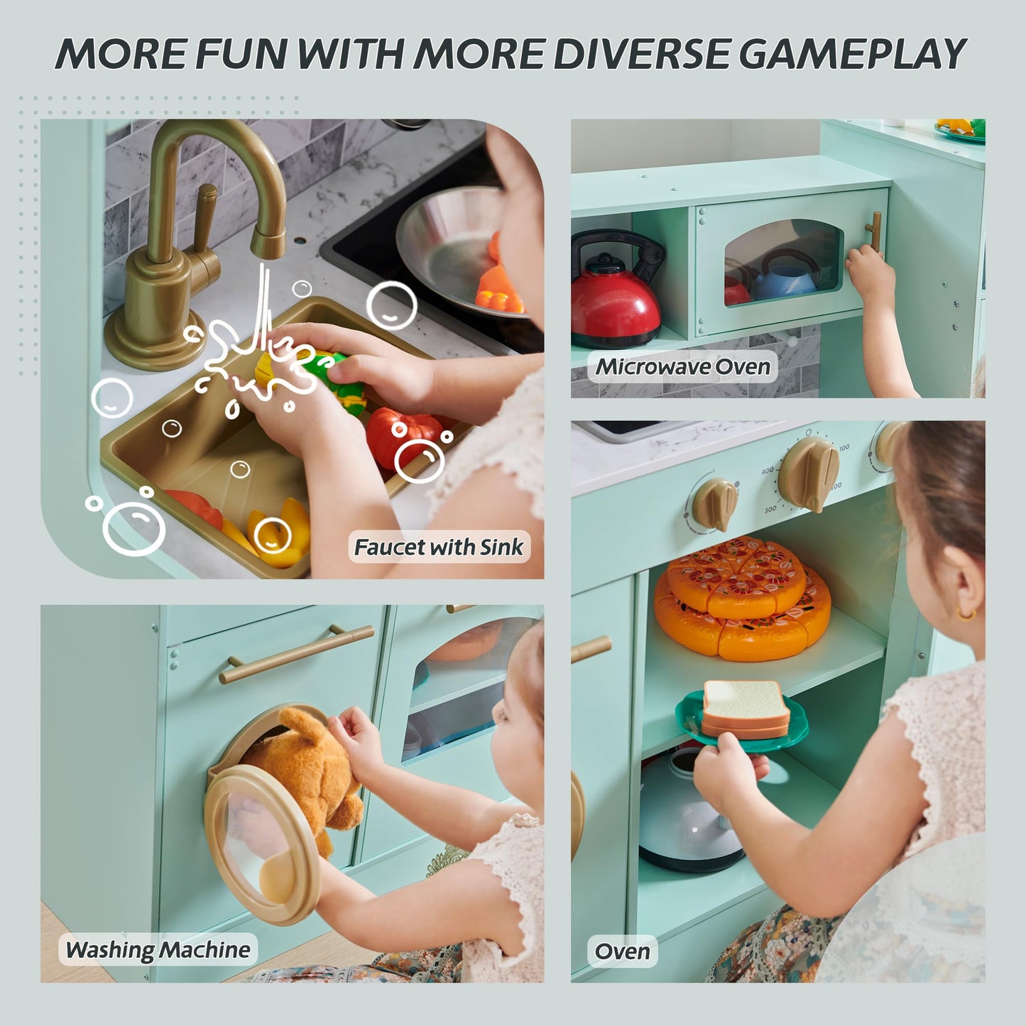 IFBUY Play Kitchen for Kids, Wooden Kids Kitchen Playset with Lights and Sounds, Kitchen Set for Toddler with Storage Box, Ice Maker, Oven and 11 Accessories for Boys and Girls Ages 3+ (Light Green)
