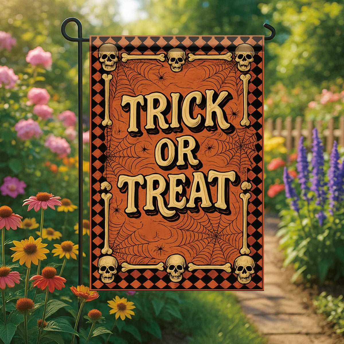 Saoplasa Halloween Garden Flag Trick or Treat Skulls Spider Webs Flag 12x18 Inch Double Sided Outdoor Yard Banner for Halloween Haunted House Spooky Trick or Treat Decoration Decor