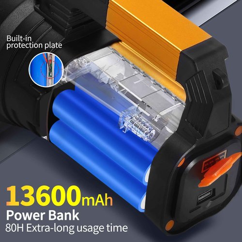 KINQILIN Rechargeable 2000LM Spotlight Flashlight 13600mAh LED Spotlight IP67 Waterproof Handheld Flashlight with Double Side Lights Modes LED Flashligth Outdoor Huting Boat