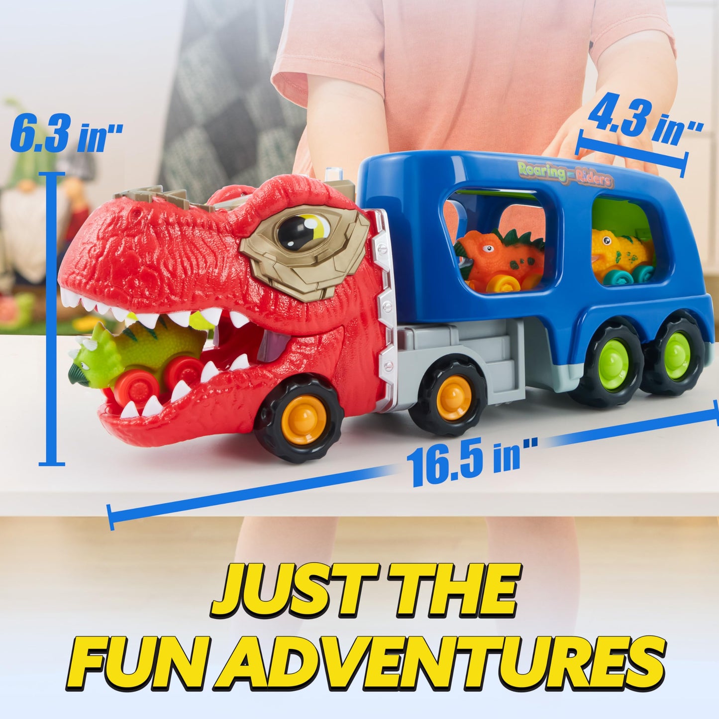 JOYIN Dinosaur Truck Toys for Kids, Kids Toys Boys Age 3 4 5, Dinosaur Car Carrier Truck Toy with 6 Figures Rubber Car Vehicles, Toddler Birthday Gifts with Music & Lights