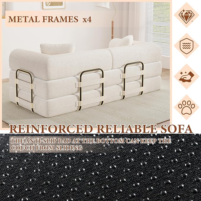 77" Convertible Sofa Bed, Modular Folding Futon Corduroy Floor Foam Compressed Loveseat Sleeper Sofa Couch, Pull Out Queen Size Couch Bed with 2 Pillows for Living Room Guest Room Studio, Beige
