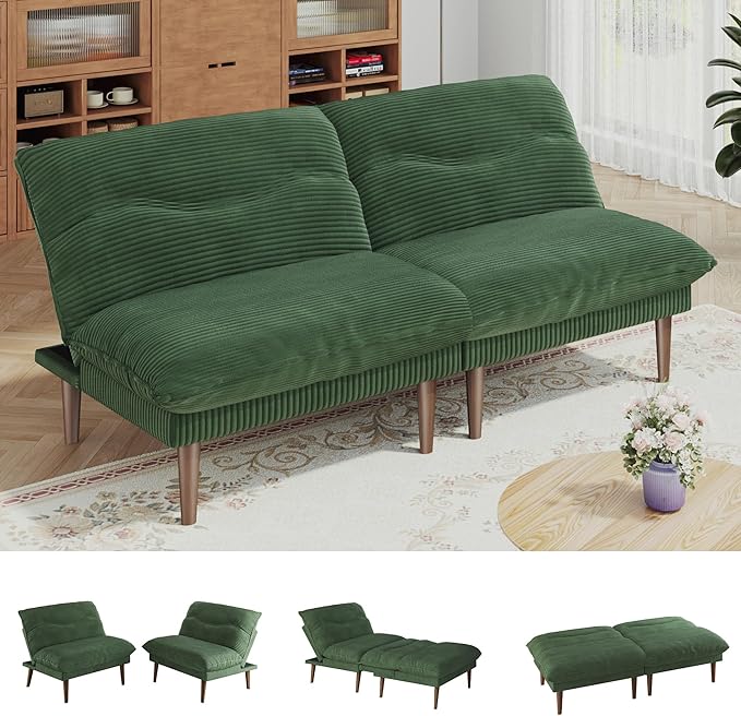 DreamDashio Futon Sofa Bed, 4 in 1 Multi-Functional Futon Couch with Adjustable Backrest, 75 inch Convertible Sleeper Sofa Bed and Recliner Lounge, Corduroy Loveseat for Living Room, Apartment, Green