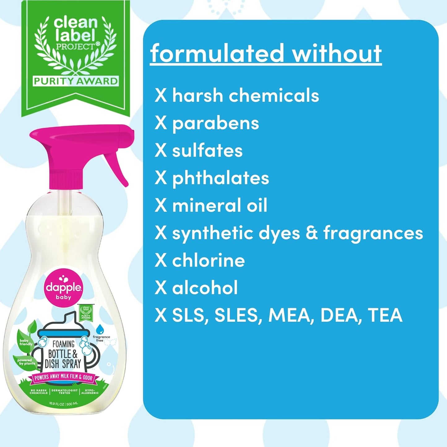 Dapple Baby Bottle & Dish Foaming Power Spray, Hypoallergenic Dish Soap for Baby Bottles, Powered by Plants, Fragrance Free, 16.9 Fl Oz (Pack of 2)