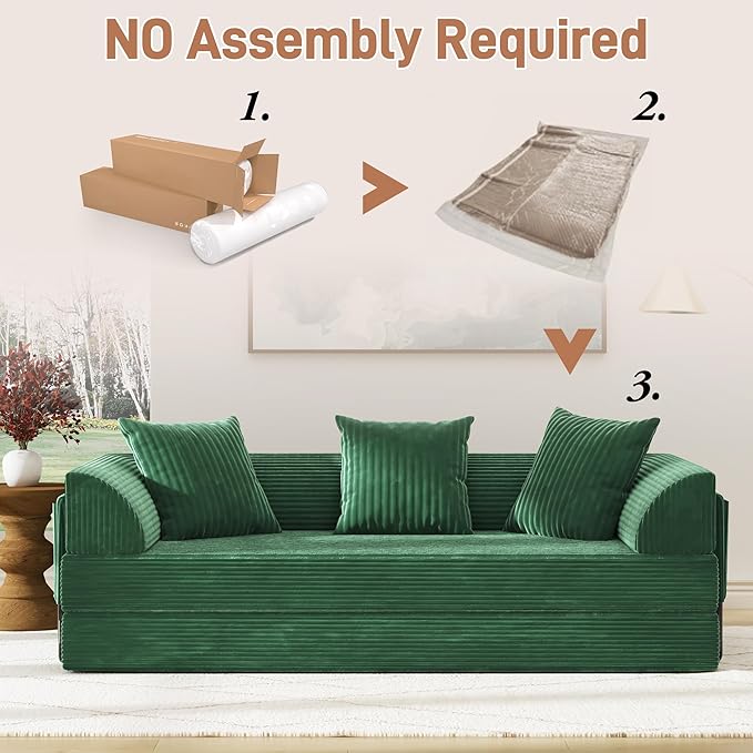 Folding Convertible Sofa Bed with 3 Pillows, 79 " Corduroy Boneless Couch with Armrest Pockets, Lounge Loveseat Sleeper with Pull Out Bed, Memory Foam Compressed Sofa for Living Room Bedroom, Green