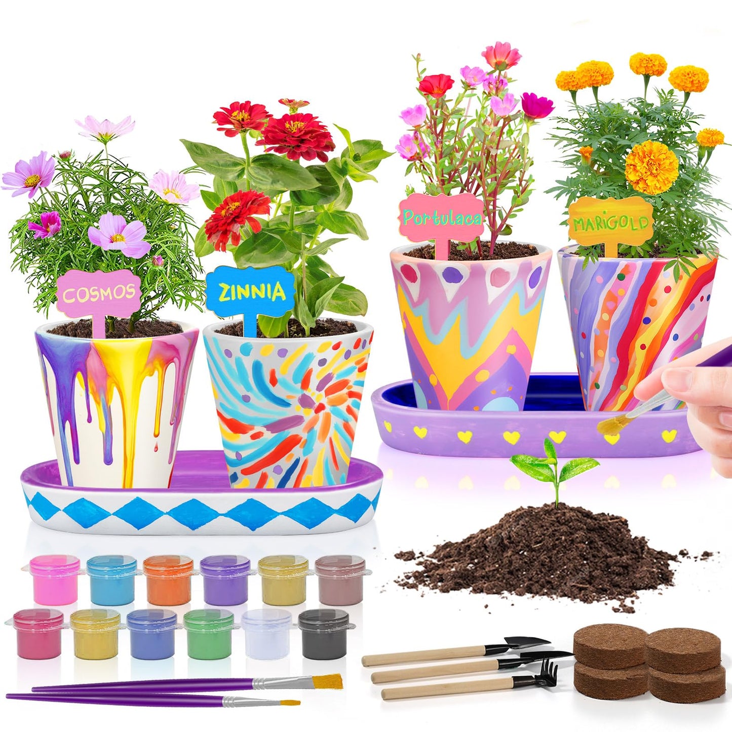 Tekoly 4 Set Paint & Plant Flower Gardening Kit - Gifts for Girls Ages 8-12, Arts and Crafts for Kids Ages 8-12, Kids Gardening Set, Birthday Toys Gifts for Girls Boys Ages 6 7 8 9 10 11 12