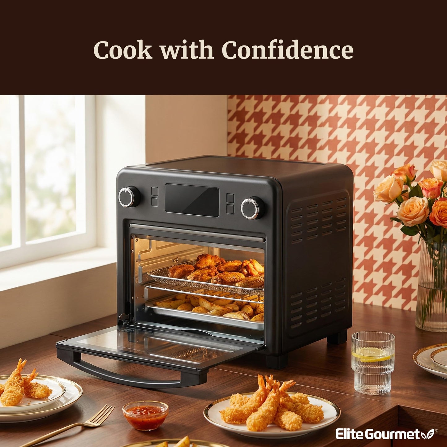 Elite Gourmet EAF9320 23L Air Fryer Toaster Oven, 10-in-1 Digital Convection Countertop Oven, Dual Fan Speeds, Air Fry, Bake, Broil, Toast, Dehydrate, 1600W w/Air Fry Rack, Bake Rack & Pan, Black