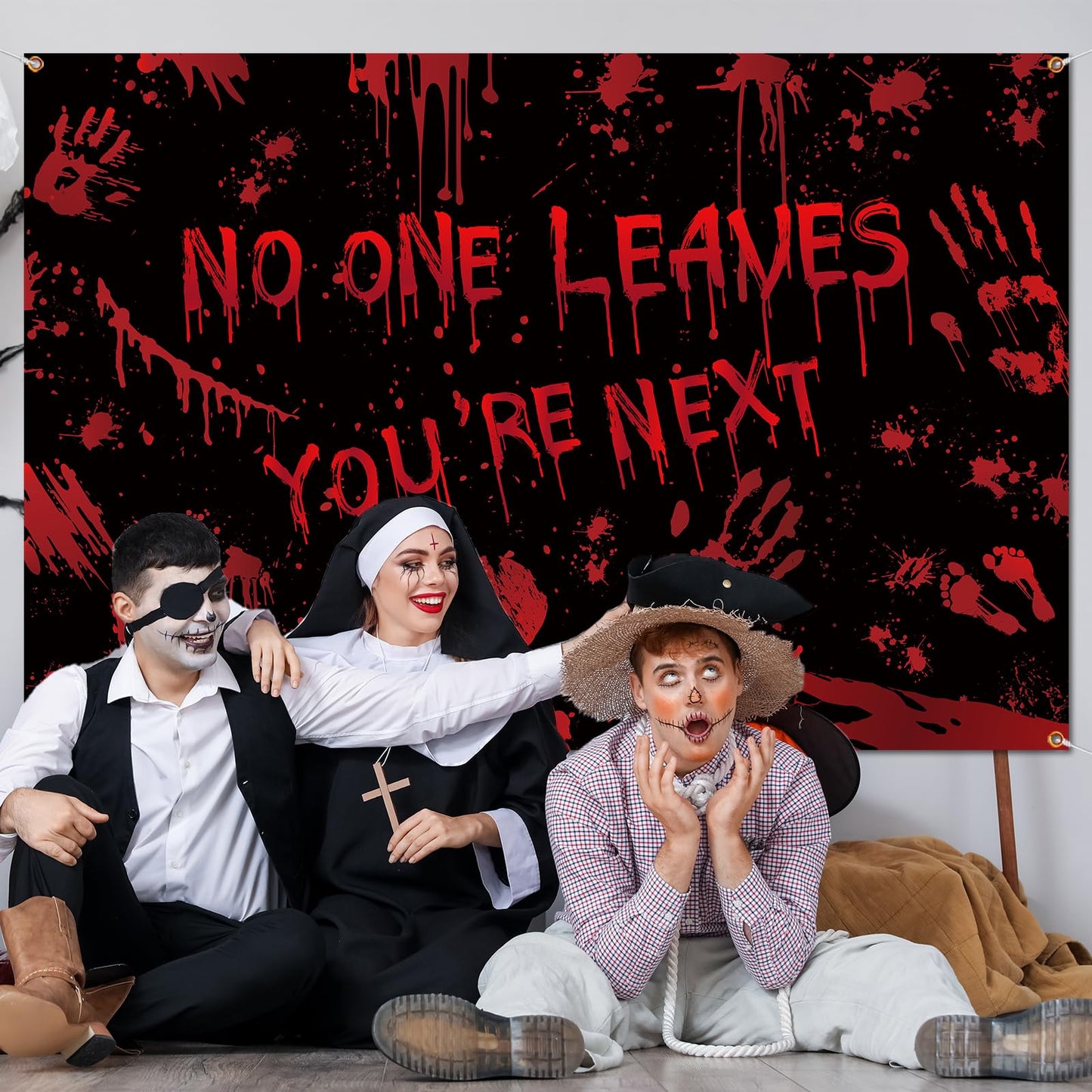 Bloody Halloween Decorations,Scary Halloween Backdrop No One Leaves Photo Background Banner Horror Movie Backdrop for Scary Halloween Party Decorations