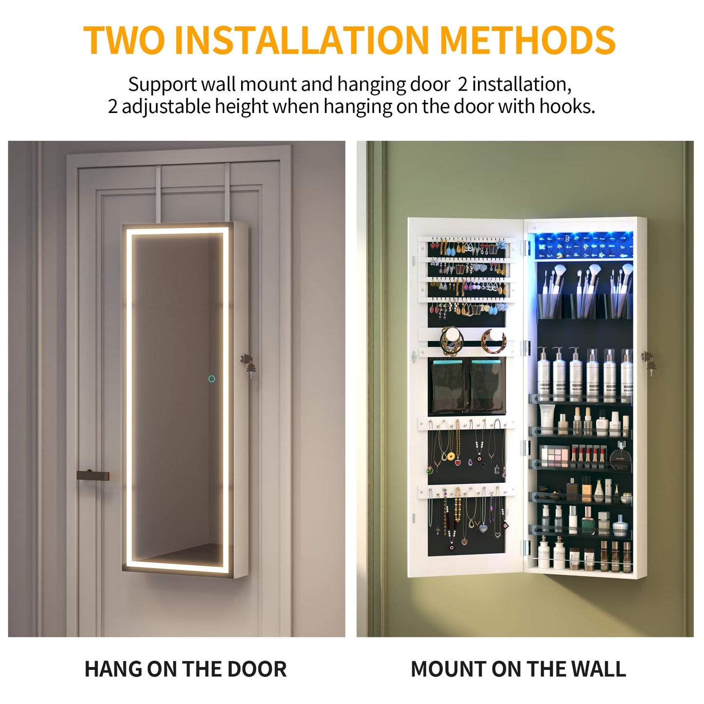 LVSOMT LED Mirror Jewelry Cabinet Door Hanging, Wall Mounted Jewelry Mirror Organizer Full Length, Lockable Jewelry Armoire, Large Capacity, for Small Space Bedroom, Gift for Women, White