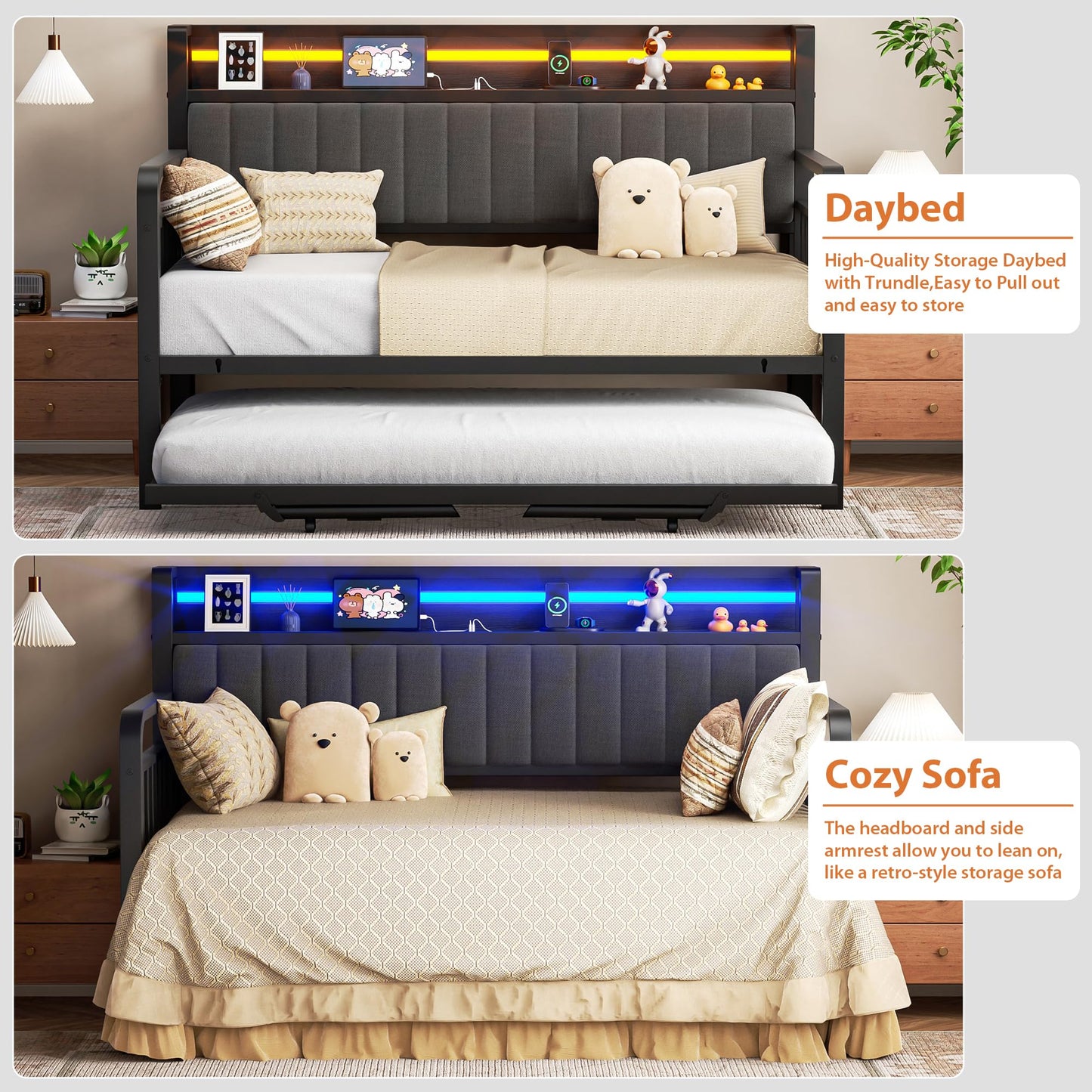 Daybed with Trundle and LED Light, Heavy Duty Metal Twin Bed Frame with Upholstered Storage Headboard & Charging Station, Day Bed Pop Up Trundle Bed Twin for Living Room,Bedroom and Guest Room (Black)