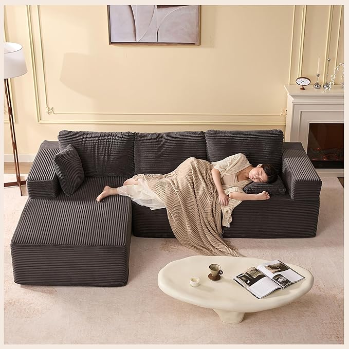Afuson 107" Boneless Couch with Deep Seat, Modular Sectional Sofa, Cloud Sectional Couch for Living Room, No Assembly Required, Corduroy, L-Shape Left, Grey