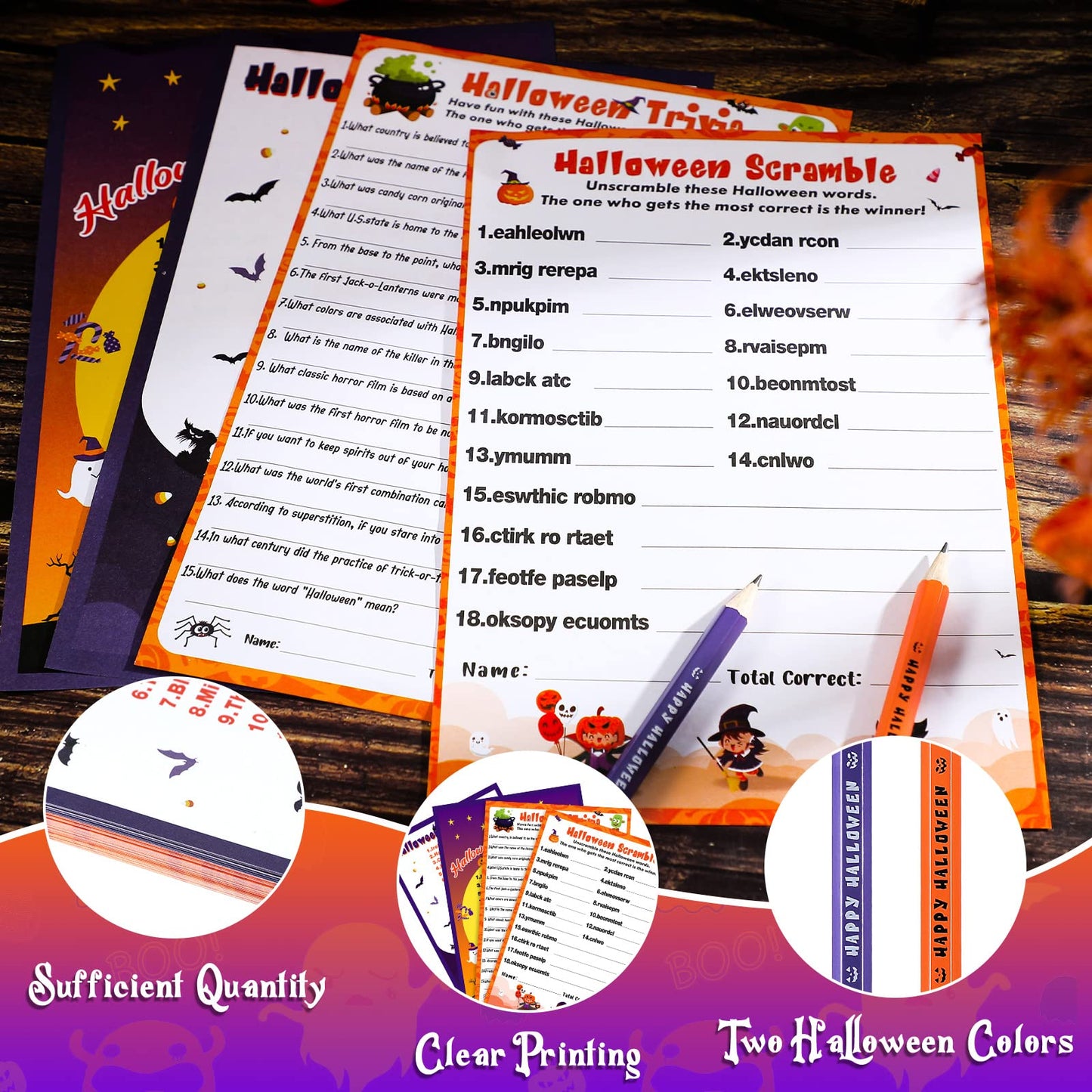 Kathfly 120 Pcs Halloween Games for Adults Include 2 Sets 40 Halloween Games Cards 20 Answer Cards and 20 Pencils, Baby Shower Party Supplies Word Scramble for Adults Groups (Horrible)