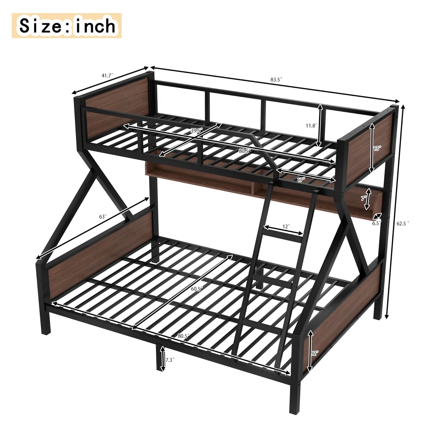Bellemave Metal Bunk Bed Twin XL Over Queen Size with Storage Shelves & LED Light,Heavy Duty Bunk Bed Frame with Wood Board & Sturdy Slats,Twin XL Over Queen Bunk Beds for Bedroom,Noise Free, Black