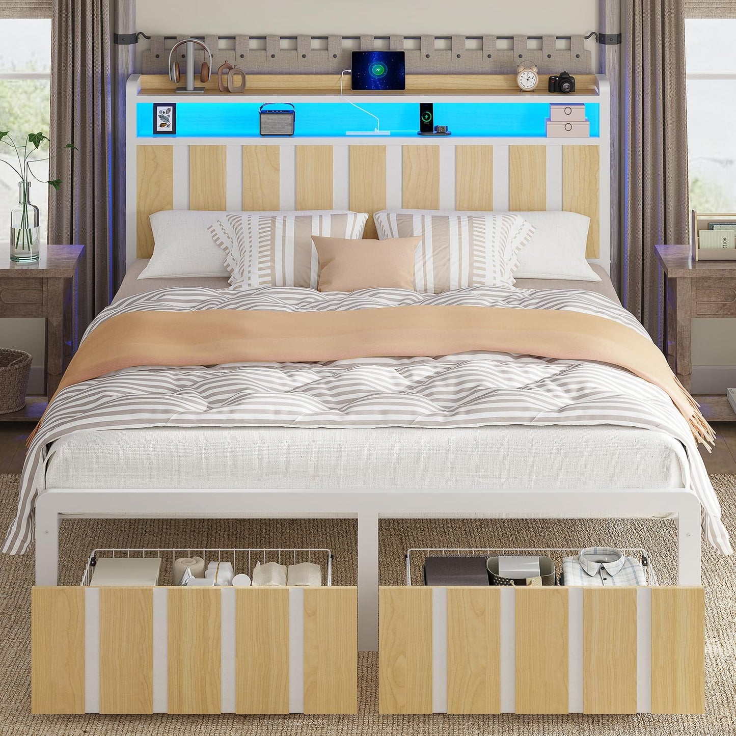 Queen Bed Frame with Storage Headboard & Dual Built-in Storage Drawers, Heavy Duty Platform Bed with 4-Device Charging Station and LED Lights, Noise-Free Design, No Box Spring Needed, White