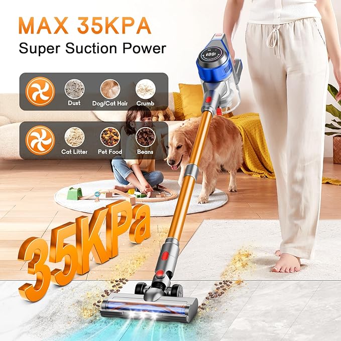 Cordless Stick Vacuum Cleaner - Rechargeable, 35Kpa Powerful Vacuums with Detachable Battery, LED Display, 45Mins Runtime, 8 in 1 Handheld Vacuum for Hardfloor & Carpets Pet Hair, Blue