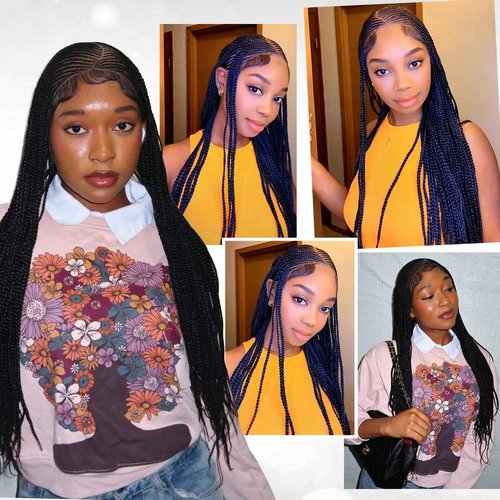 Lady Hanne Braided Wigs for Black Women 13x8 HD Lace Front Cornrow Braids Wig Premium Synthetic Hair 30 Inch Full Lace Cornrow Box Braid Wig with Baby HairNatural Black