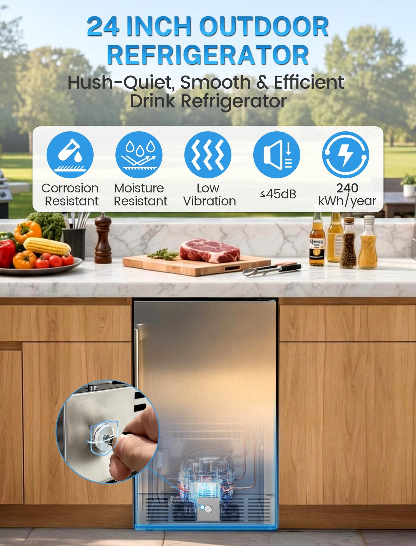 Electactic 15 Inch Outdoor Beverage Refrigerator, Undercounter Beverage Cooler with Stainless Steel Door, Built-in & Freestanding Drink Fridge for Beer Wine Soda, Outdoor Fridge for Patio Home Kitchen