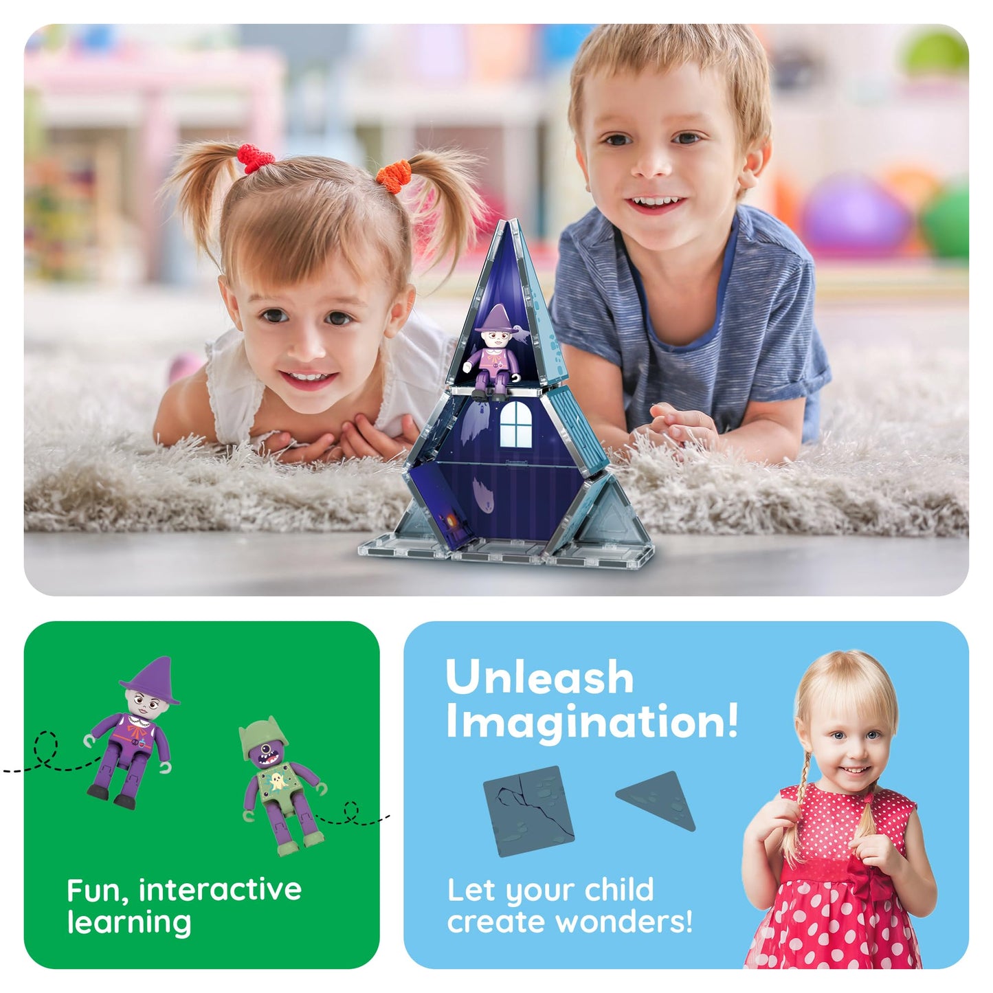 PicassoTiles Haunted House Theme Magnet Tile Building Blocks 8 Action Figures Magnetic Construction Toy Double Sided Printing Education STEM Learning Playset Halloween Adventure Kid Ages 3+ PTQ03