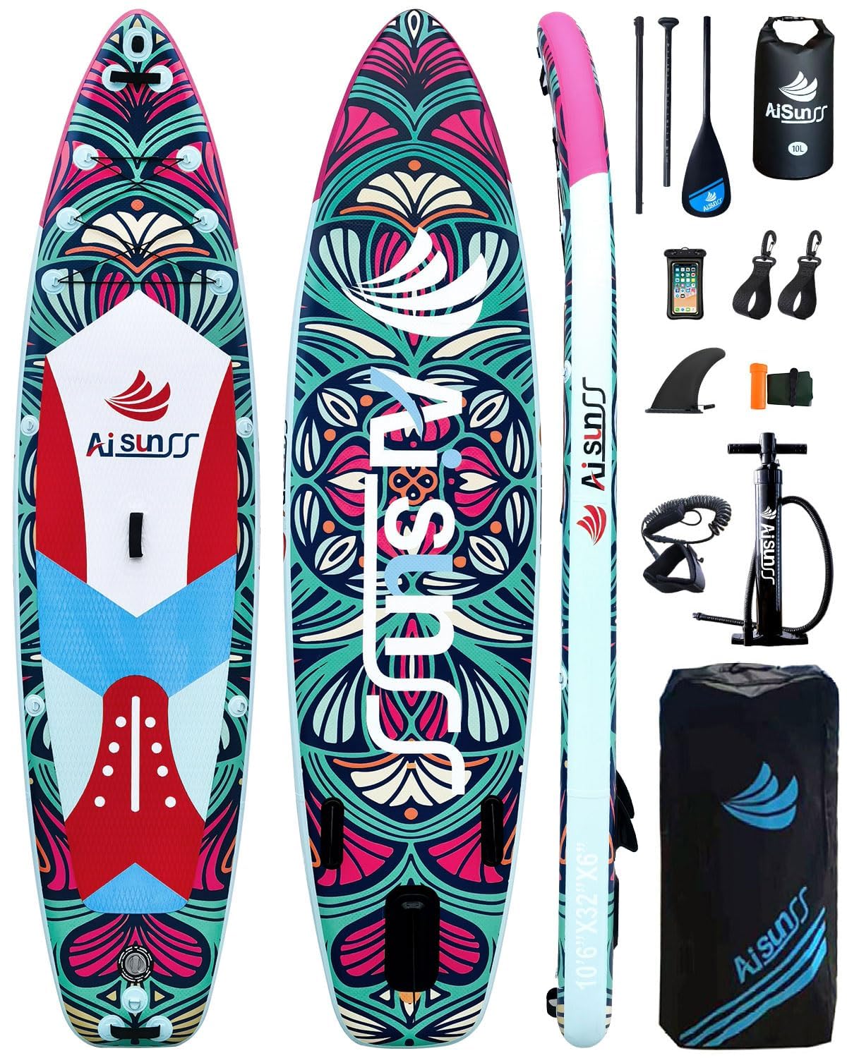 AISUNSS SUP Board 10.6Ft All Around Board Premium iSUP, Yoga Board with SUP Accessories Include Non-Slip mat, Waterproof Phone Bag, Double Action Pump, Adjustable Aluminum Paddle (Butterfly SUP)