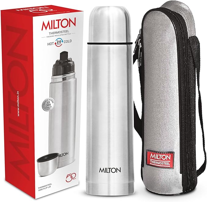 Milton Thermosteel Flip Lid 1000, Double Walled Vacuum Insulated Thermos 1000 ml | 34 oz | 1 Ltr | 24 Hours Hot and Cold W...