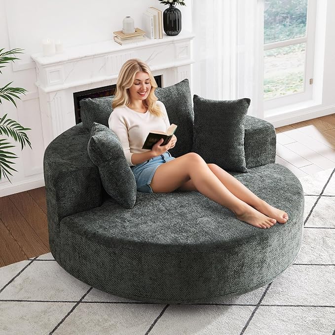 Oversized Round Swivel Chaise Longue Chair Indoor, Modern 55-inch 360 Degree Swivel Upholstered Waffle Chenille Deep Seat Circle Single Cloud Sofa Chair for Living Room Bedroom Apartment Office, Green