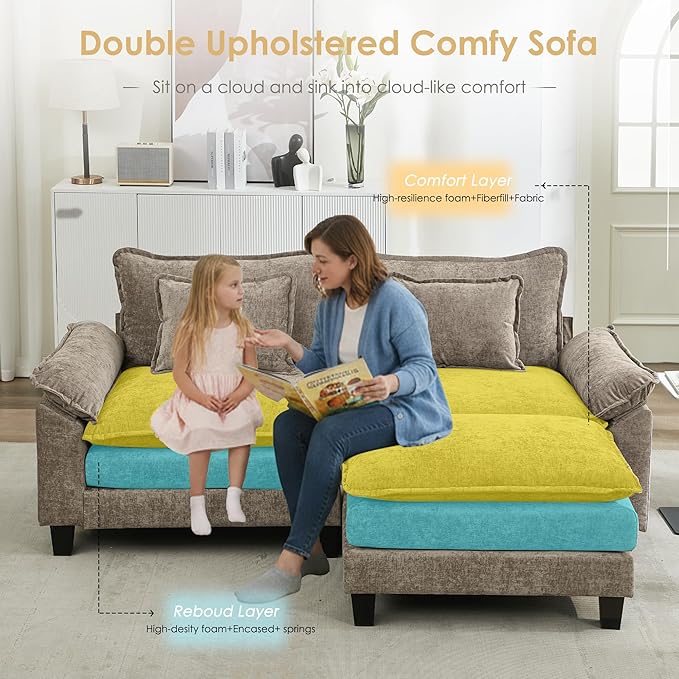 URRED Cloud Couch Modular Sectional Sofa, 87" Modern L Shaped Deep Seat Sofa with Ottoman & Pillows, Ultra Comfy Chenille Couches for Living Room, Bedroom or Apartment, Khaki