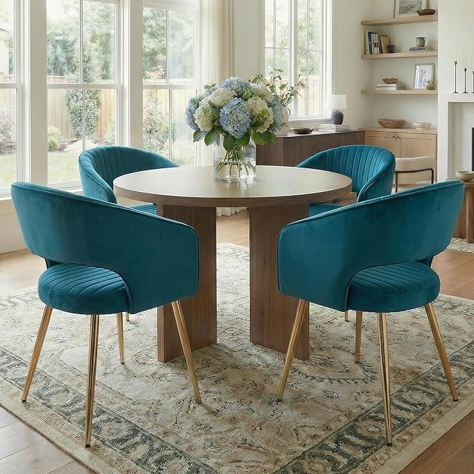 COMULER Teal Velvet Dining Chairs Gold Legs, Modern Dining Room Chairs with Arms Set of 4 Upholstered Accent Chair Armchair with Barrel Back for Kitchen Living Room
